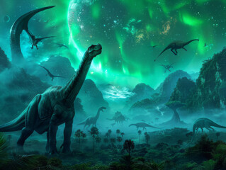Obraz premium A Prehistoric Aurora: A breathtaking scene of towering dinosaurs silhouetted against a vibrant green aurora, an otherworldly spectacle where ancient giants meet celestial wonders. 