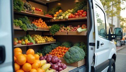 Mobile grocery van loaded with fresh produce. Shelves full of colorful fruits, vegetables. Daylight fills van. Healthy food delivery service concept. Eco friendly transport. Modern commercial