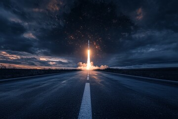 Rocket launching from highway at night, stormy sky
