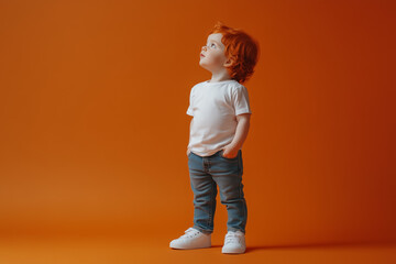 A toddler with red hair in a white t-shirt, jeans and white sneakers stands on a uniform orange background