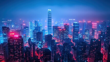 Fototapeta premium Dynamic cityscape at night urban landscape aerial view neon lights modern architecture futuristic vibes
