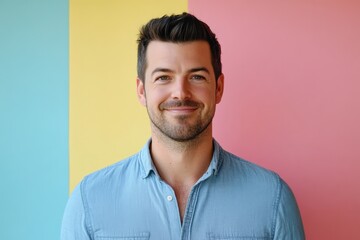 Smiling Man in Casual Shirt Against Colorful Background