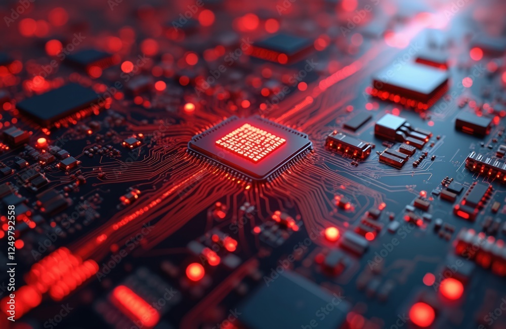 Poster advanced tech circuit board glows with red light. intricate network of chips, components. data trans