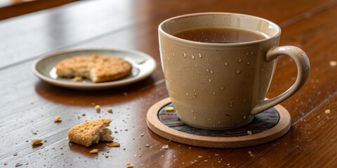 Warm coffee in a cozy cafe with cookies on a wooden table during a relaxed afternoon