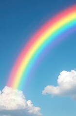 Bright rainbow spans clear blue sky with fluffy white clouds. Colorful arc contrasts with bright blue sky. Stunning nature scene. Dreamlike view of sunlight, cloud formations. Beautiful landscape.