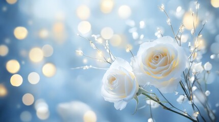 Dreamy floral background with soft-focus roses and glowing light effects.