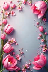 Pink spring vertical background, blooming tulips & elegant flourishes , bright, photography, card