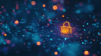 Glowing digital padlock with blurred binary code background