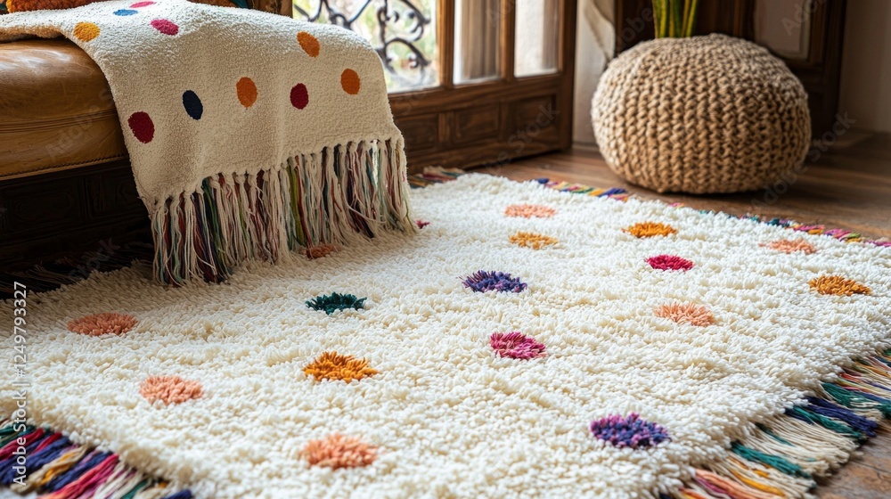 Poster brighten up your home decor with this white shaggy rug featuring vibrant polka dots and playful tass