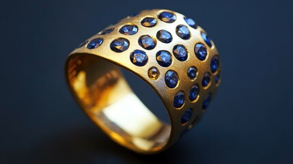 Elegant gold and sapphire ring, artistically displayed on a deep black background.
