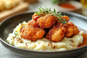 Crispy fried chicken, mashed potato, herbs. Restaurant dish