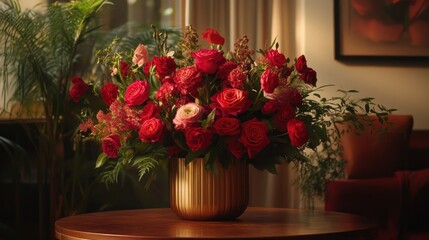 Elegant Valentine's floral bouquet with subtle golden accents and soft lighting.