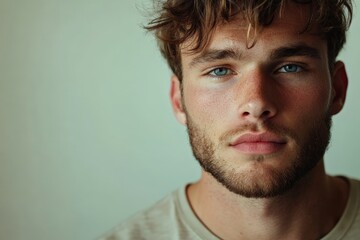 Fototapeta premium Close-up Portrait of a Young Man with Blue Eyes and Curly Hair