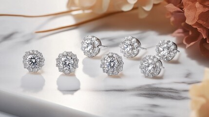 Exquisite diamond-studded earrings arranged on a marble surface with elegant lighting.