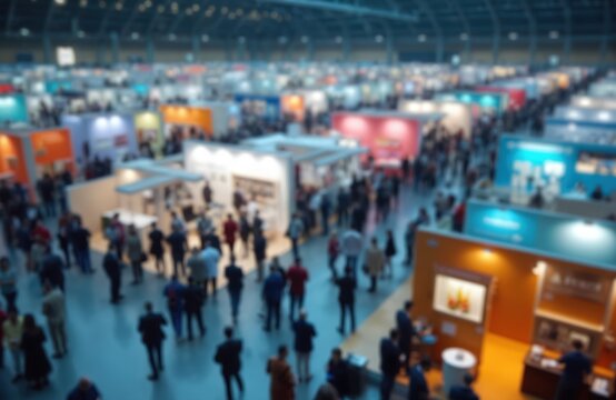 Large crowd fills trade fair expo hall. Many people visit stands, booths. Busy event at international convention. City architecture view in background. Nighttime atmosphere. Lots of activity,