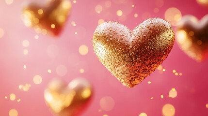 Fototapeta premium Floating golden hearts with soft glowing particles on a warm pink background.