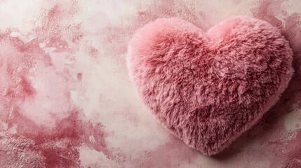 Obraz premium Fluffy pink heart pillow resting on a pastel pink velvet background.