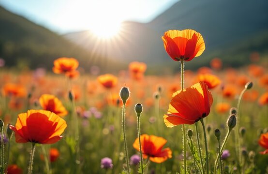 Colorful poppy flowers bloom in sunny meadow. Sunlight highlights vibrant petals. Rural beauty is captured in this summer scene. Wildflowers flourish in countryside lawn. Picturesque landscape.