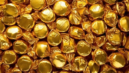 Colorful golden candy wrappers arranged closely together on a surface