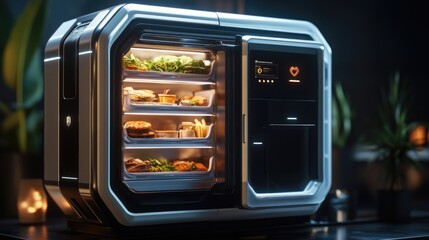 Obraz premium Futuristic food vending machine dispensing customized meals.