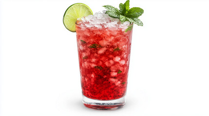 Red Cranberry Cocktail Drink With Lime And Mint. On White Background