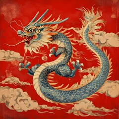 Obraz premium Majestic Chinese Dragon Illustration for Cultural Celebrations, Wall Art, and Festive Designs. A vibrant illustration of a traditional Chinese dragon coiled amidst swirling clouds against a striking r