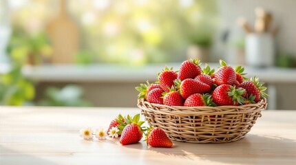 strawberries wicker basket kitchen tabletop red sweet fresh natural fruits
