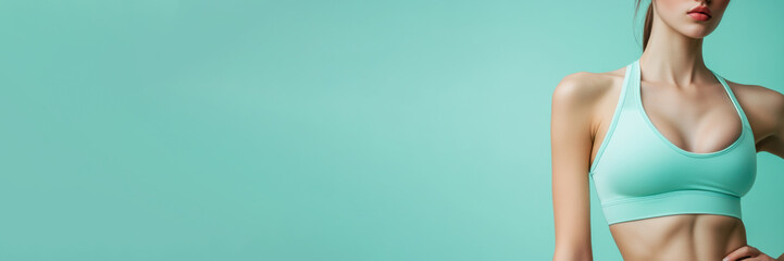 Fototapeta premium Sexy, slender body of a beautiful woman in turquoise clothes. Fitness or plastic surgery and cosmetology. Banner for sports, fitness club, women's clothing store. blue background, space for text