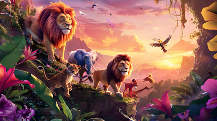 Adventure Awaits: Animated Movie Poster of Anthropomorphized Animals in a Tropical Jungle Setting