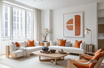 Fototapeta premium Modern living room with white sofa, orange pillows, large windows, and artwork.