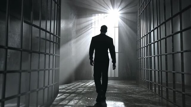 Man walks towards light in dark prison corridor creating a sense of hope and escape