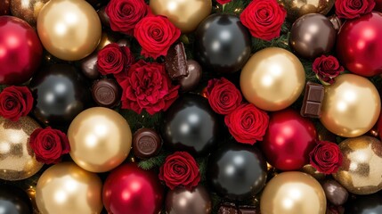 A festive top-down composition of balloons, chocolates, and roses arranged beautifully.