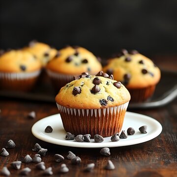 Delicious chocolate chip muffins, perfect for breakfast, brunch, or a sweet treat, showcasing their delightful texture, rich flavor, and enticing appeal for bakery concepts, food photography, and culi