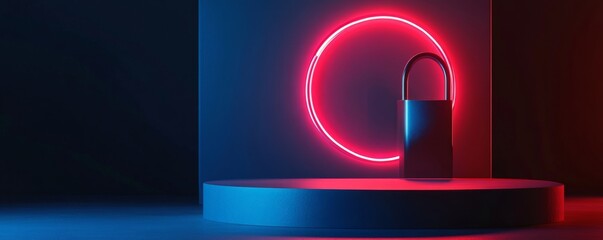 Neon-lit padlock on platform;  cybersecurity concept