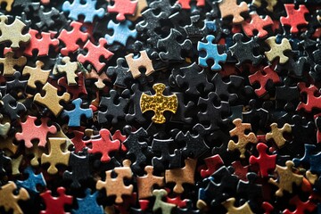 Obraz premium pieces of puzzles spread out in black, 1 piece in the middle in gold shining , one piece to complete a puzzle 