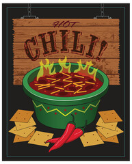 A bowl of hot chili with crackers.