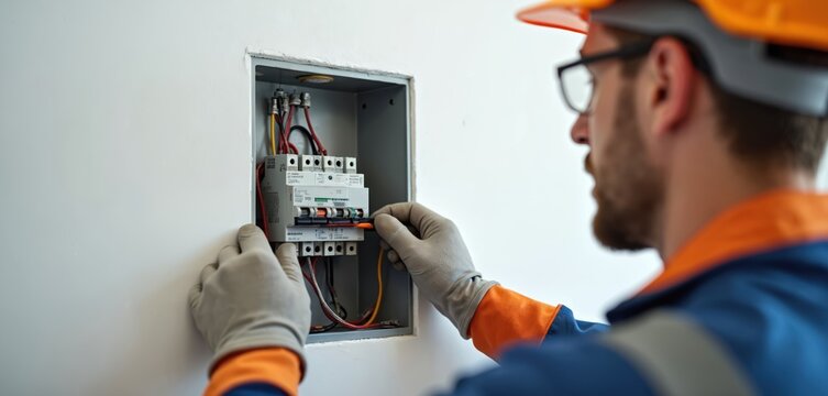 Focused electrician installs wiring in wall-mounted electrical box. Pro installs circuit breaker. Safety gear like hard hat, gloves. Indoor workplace. Construction renovation. Electrical