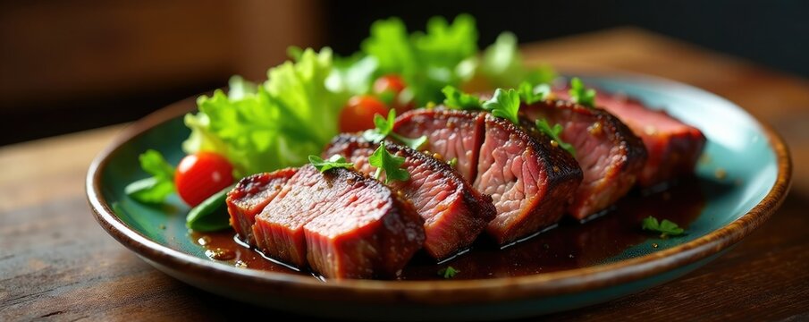 Platter of sliced beef short ribs with alface salad on a wooden table, garnish, alface