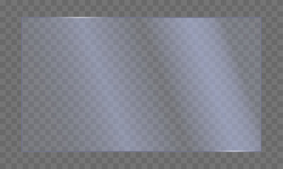Glossy transparent acrylic sheet. Clear plastic panel with realistic light reflections. Perfect for displays, presentations, and design projects. Vector illustration.
