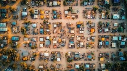 Aerial View of a Bustling Marketplace in Africa with a Vibrant Atmosphere
