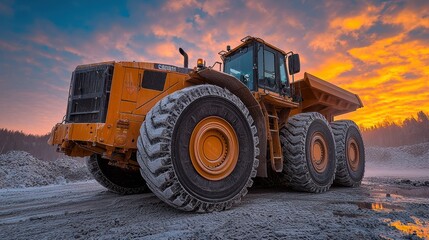 Heavy-duty dump truck at quarry sunrise
