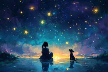 anime style illustration of a dog and a girl, a child looking the stars