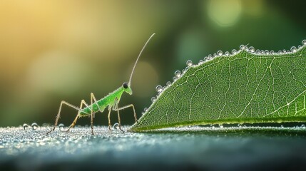 Tiny green insect on a dewy leaf. AI.