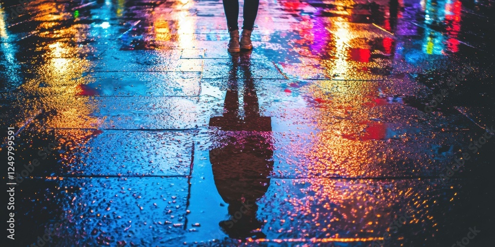 Canvas Prints City lights reflected in puddles. AI.