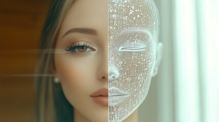 This intriguing image features a hybrid face, combining human and digital elements, which reflects the complex interplay of emotions, identity, and technology in our lives.