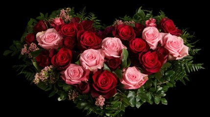 Naklejka premium A heart-shaped floral arrangement with a mix of red and pink roses.