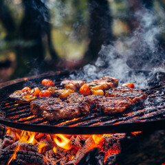 Grilling meat with vegetables over open flames in a forest setting during early evening hours