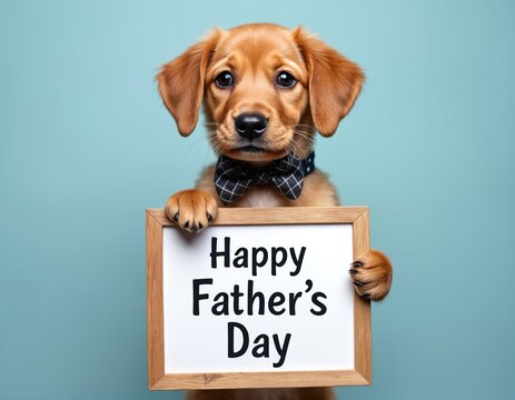 Cute brown puppy holds sign says Happy Fathers Day. Adorable pet dressed in bowtie. Studio shot indoor. Celebrates special day. Family love, pets care concept. Perfect for greeting card social media