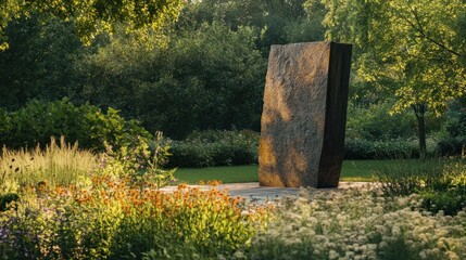 Serene Garden Scene with Monolith and Blooming Flowers in Sunlight