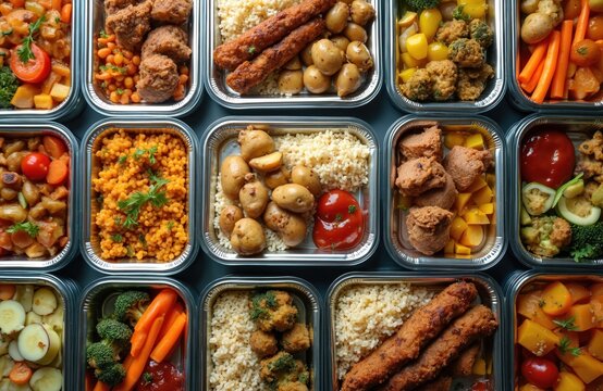 Eco-friendly lunch boxes filled with various meals ready for delivery. Prepared food in metal containers. Healthy options including vegetables, grains, plant-based proteins. Top-down view of takeout